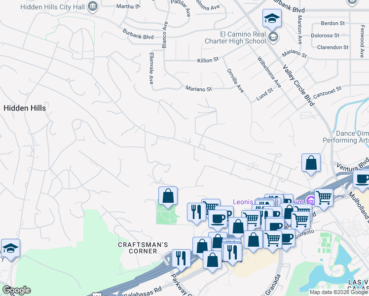 map of restaurants, bars, coffee shops, grocery stores, and more near 24044 Long Valley Road in Hidden Hills