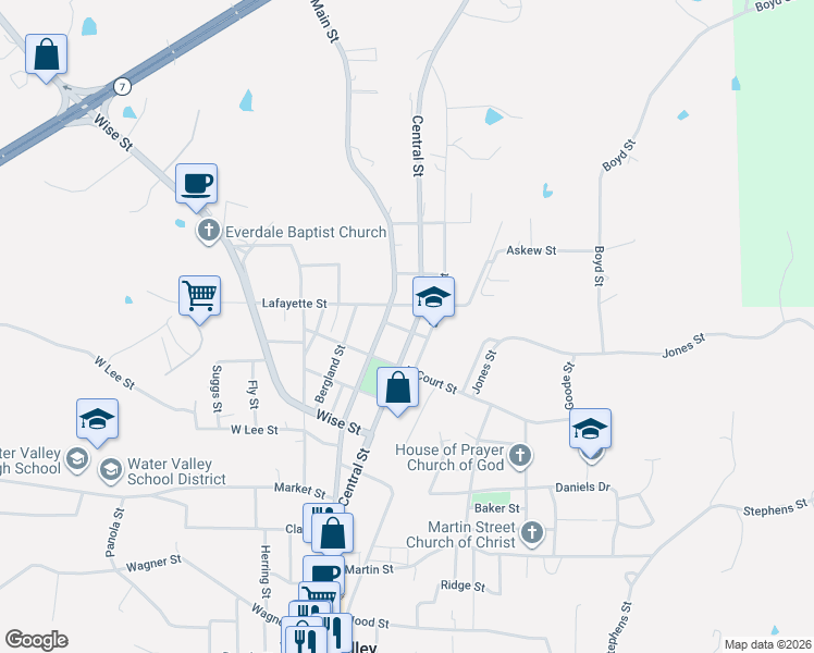 map of restaurants, bars, coffee shops, grocery stores, and more near 1305 Central Street in Water Valley