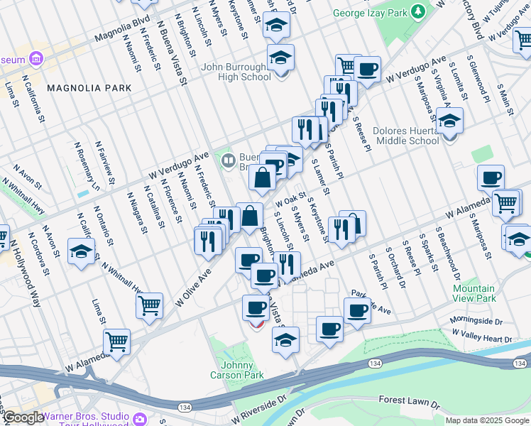 map of restaurants, bars, coffee shops, grocery stores, and more near 2222 West Olive Avenue in Burbank