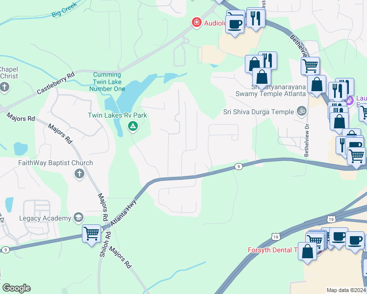map of restaurants, bars, coffee shops, grocery stores, and more near 2905 Greyhawk Lane in Cumming