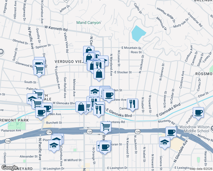 map of restaurants, bars, coffee shops, grocery stores, and more near 1114 North Brand Boulevard in Glendale