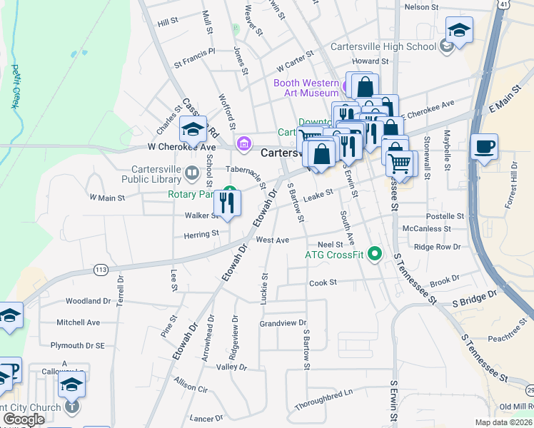 map of restaurants, bars, coffee shops, grocery stores, and more near 222 Leake Street in Cartersville