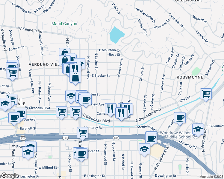 map of restaurants, bars, coffee shops, grocery stores, and more near 415 East Dryden Street in Glendale