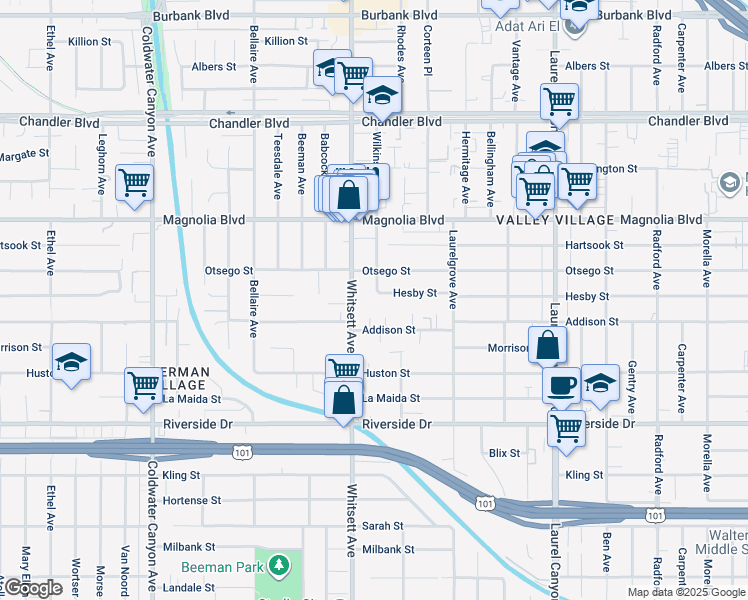 map of restaurants, bars, coffee shops, grocery stores, and more near 12432 Hesby Street in Los Angeles