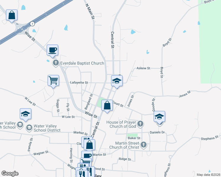map of restaurants, bars, coffee shops, grocery stores, and more near 1305 Central Street in Water Valley