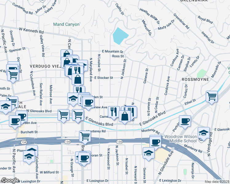 map of restaurants, bars, coffee shops, grocery stores, and more near 415 East Dryden Street in Glendale