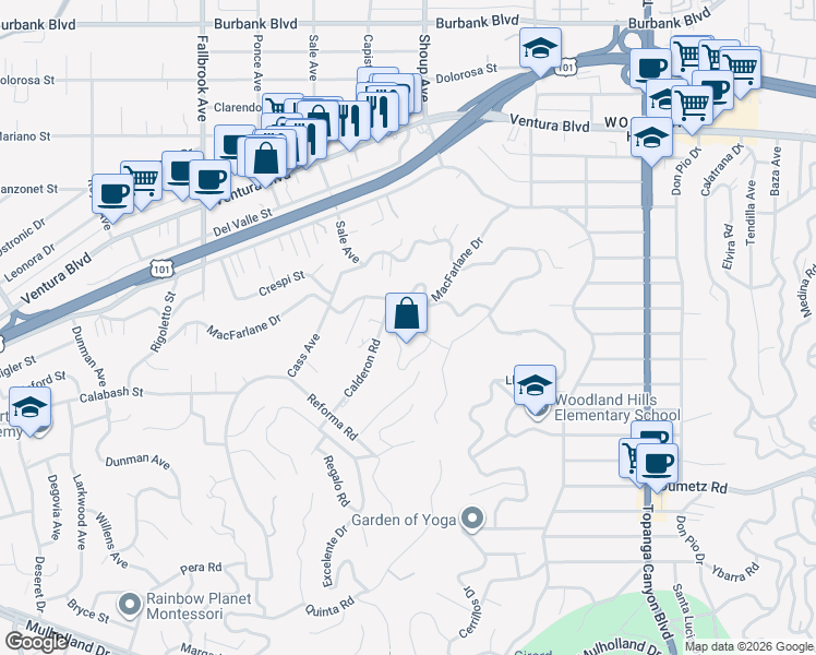 map of restaurants, bars, coffee shops, grocery stores, and more near 22460 Venido Road in Los Angeles