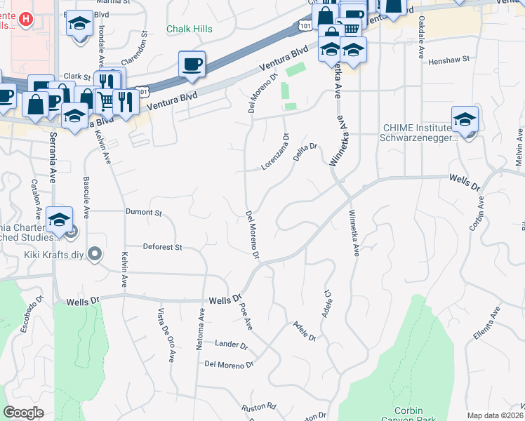 map of restaurants, bars, coffee shops, grocery stores, and more near 20274 Delita Drive in Los Angeles