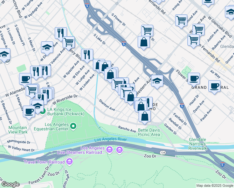 map of restaurants, bars, coffee shops, grocery stores, and more near in Glendale