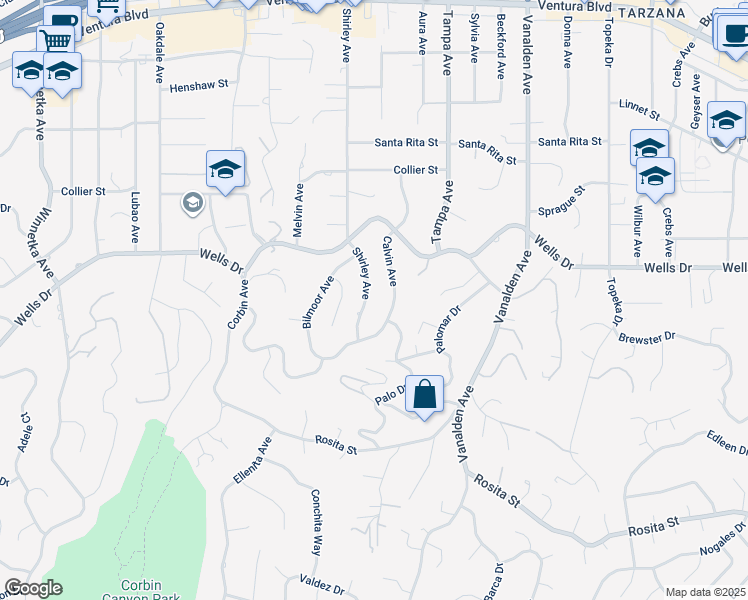 map of restaurants, bars, coffee shops, grocery stores, and more near 5036 Shirley Avenue in Los Angeles
