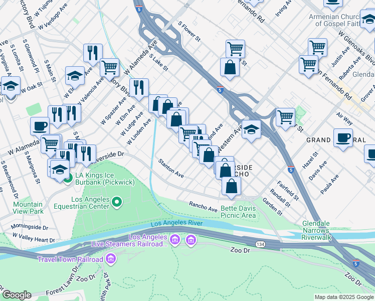 map of restaurants, bars, coffee shops, grocery stores, and more near 1746 Victory Boulevard in Glendale