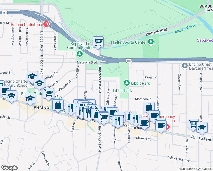 map of restaurants, bars, coffee shops, grocery stores, and more near 5027 Odessa Avenue in Los Angeles