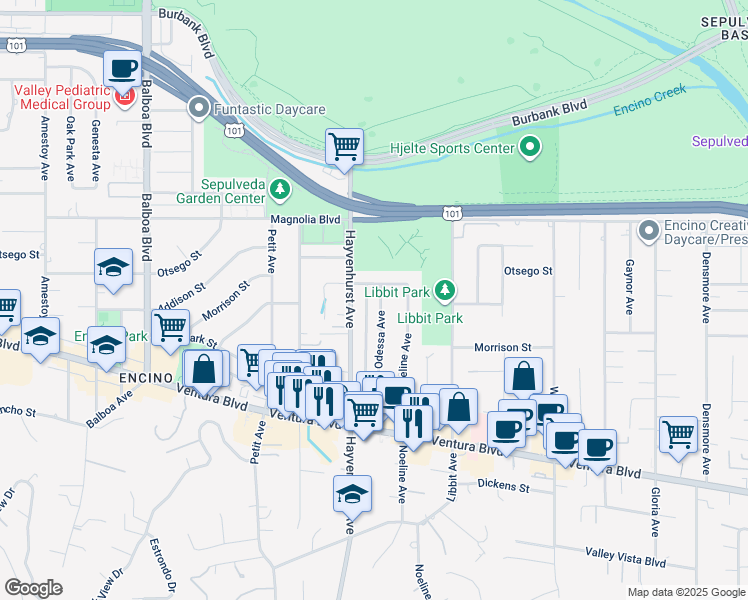 map of restaurants, bars, coffee shops, grocery stores, and more near 5027 Odessa Avenue in Los Angeles