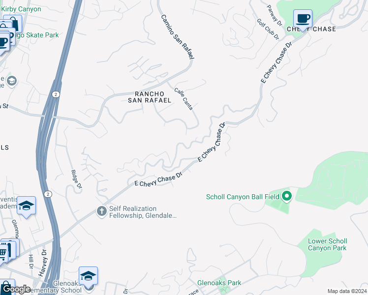 map of restaurants, bars, coffee shops, grocery stores, and more near 2578 Cascadia Drive in Glendale