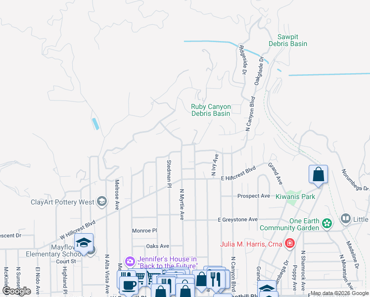 map of restaurants, bars, coffee shops, grocery stores, and more near 464 North Myrtle Avenue in Monrovia