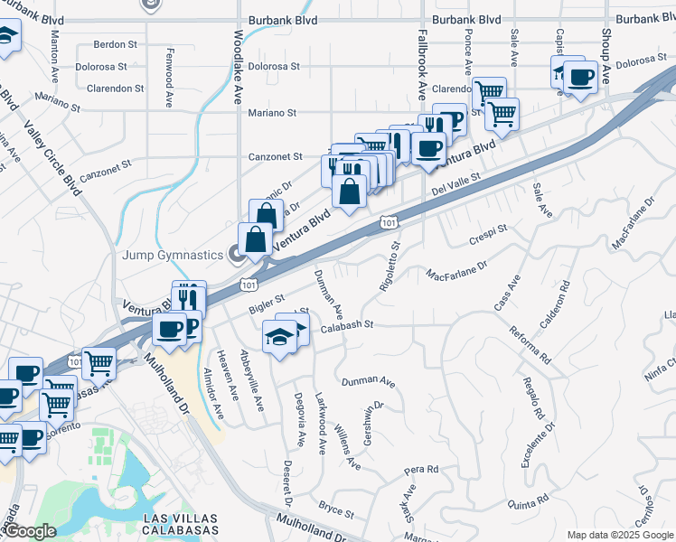 map of restaurants, bars, coffee shops, grocery stores, and more near 22972 Avenue San Luis in Los Angeles
