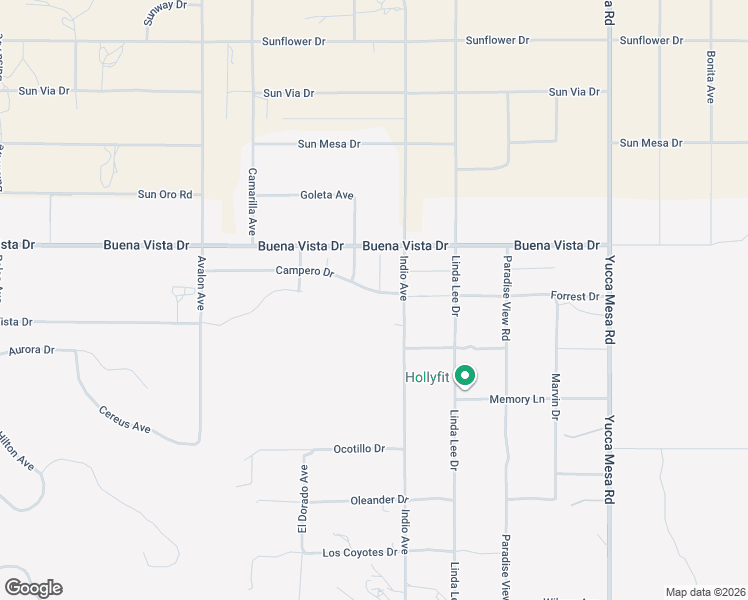 map of restaurants, bars, coffee shops, grocery stores, and more near 58847 Campero Drive in Yucca Valley