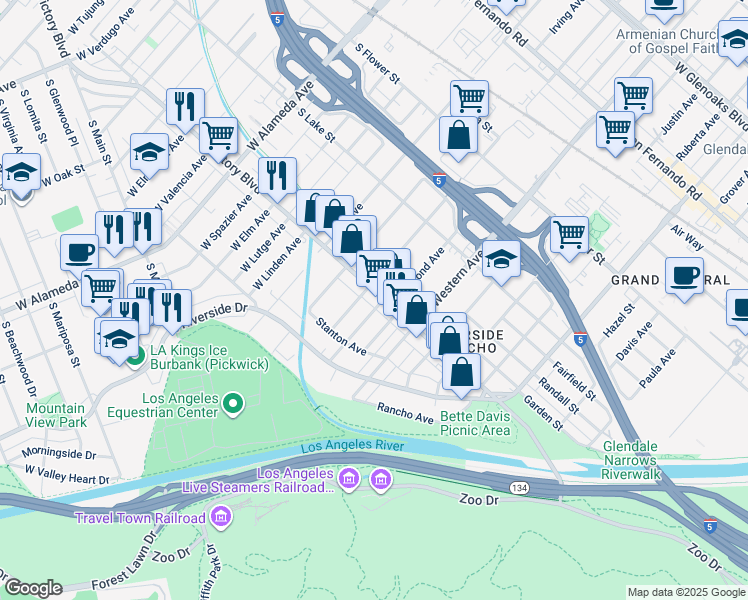 map of restaurants, bars, coffee shops, grocery stores, and more near 1746 Victory Boulevard in Glendale