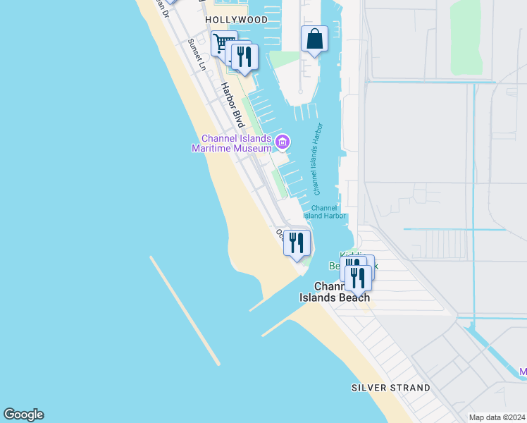 map of restaurants, bars, coffee shops, grocery stores, and more near 3337 Ocean Drive in Oxnard