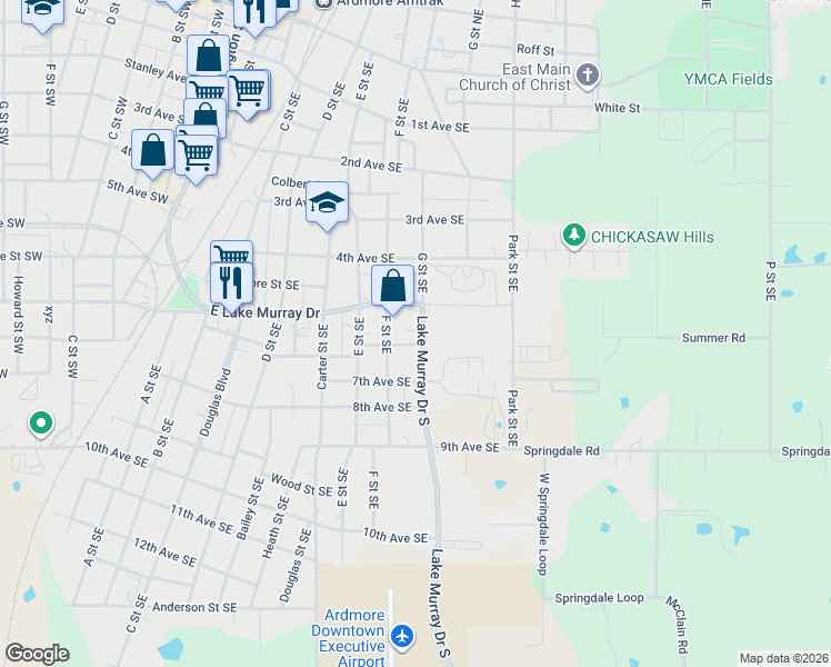 map of restaurants, bars, coffee shops, grocery stores, and more near 515 Lake Murray Drive South in Ardmore