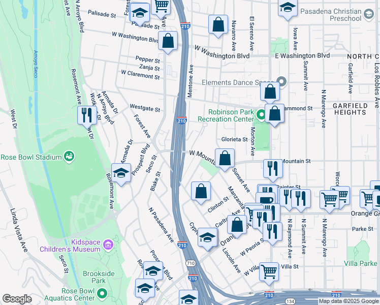 map of restaurants, bars, coffee shops, grocery stores, and more near 245 West Mountain Street in Pasadena