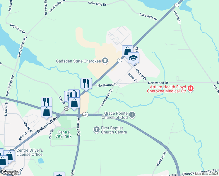 map of restaurants, bars, coffee shops, grocery stores, and more near 150 Northwood Drive in Centre