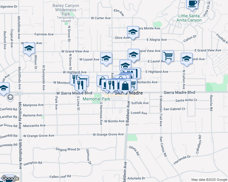 map of restaurants, bars, coffee shops, grocery stores, and more near 95 West Sierra Madre Boulevard in Sierra Madre