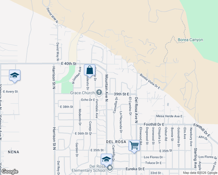 map of restaurants, bars, coffee shops, grocery stores, and more near 3946 Dwight Way North in San Bernardino
