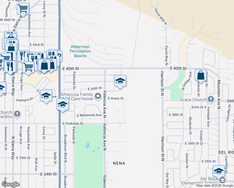 map of restaurants, bars, coffee shops, grocery stores, and more near 3904 San Gabriel Court in San Bernardino