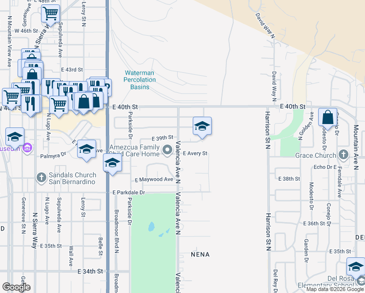 map of restaurants, bars, coffee shops, grocery stores, and more near 3904 San Gabriel Court in San Bernardino