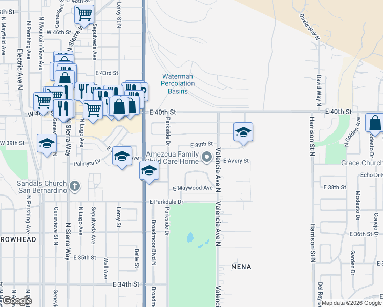 map of restaurants, bars, coffee shops, grocery stores, and more near 605 East 39th Street in San Bernardino