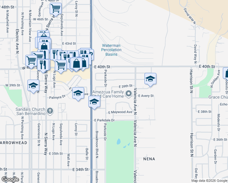 map of restaurants, bars, coffee shops, grocery stores, and more near 3898 North Kenwood Avenue in San Bernardino