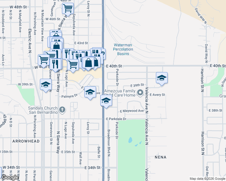 map of restaurants, bars, coffee shops, grocery stores, and more near 359 East 39th Street in San Bernardino