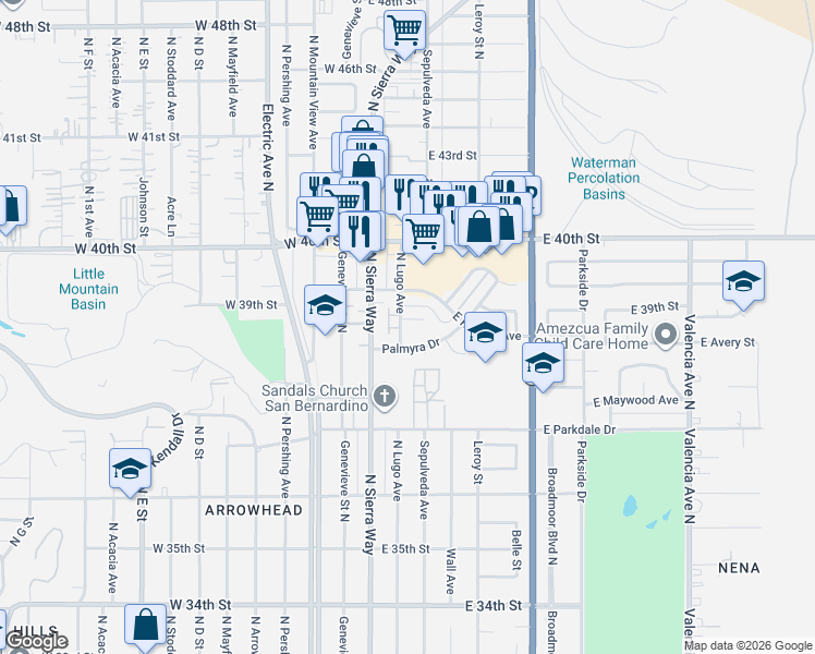 map of restaurants, bars, coffee shops, grocery stores, and more near 138 East 39th Street in San Bernardino