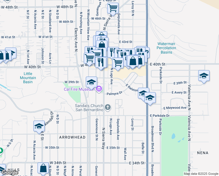 map of restaurants, bars, coffee shops, grocery stores, and more near 138 East 39th Street in San Bernardino