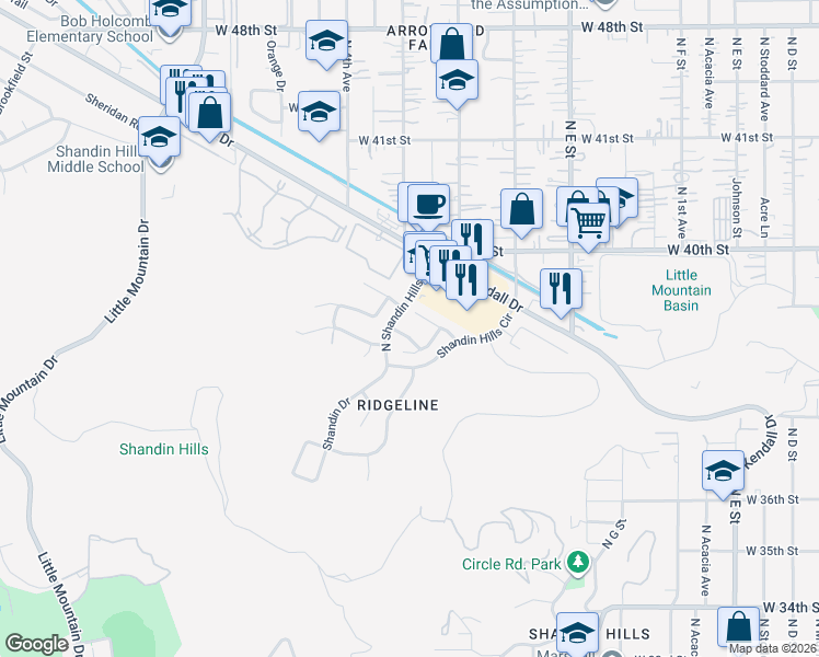map of restaurants, bars, coffee shops, grocery stores, and more near 3875 Hurd Creek Way in San Bernardino