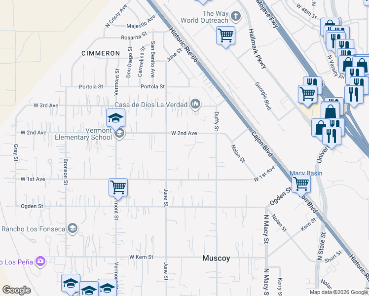 map of restaurants, bars, coffee shops, grocery stores, and more near 3538 Twin Peaks Road in Muscoy