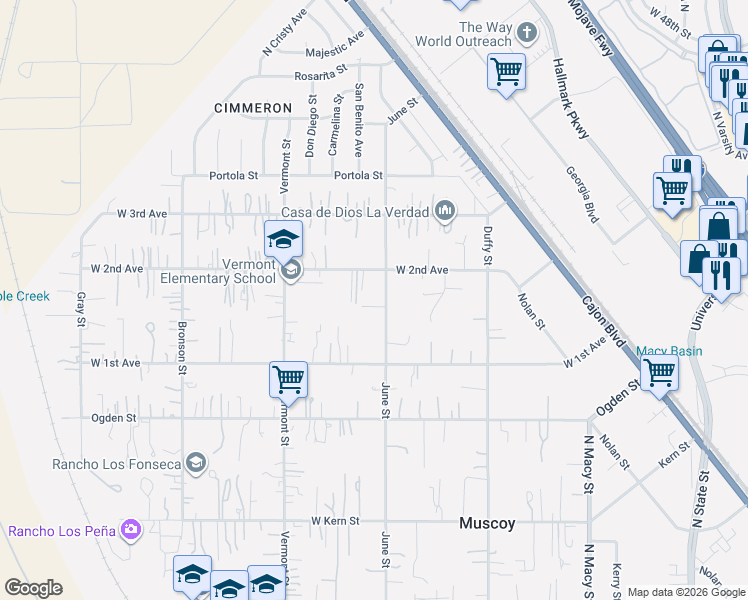 map of restaurants, bars, coffee shops, grocery stores, and more near 2309 West 2nd Avenue in Muscoy