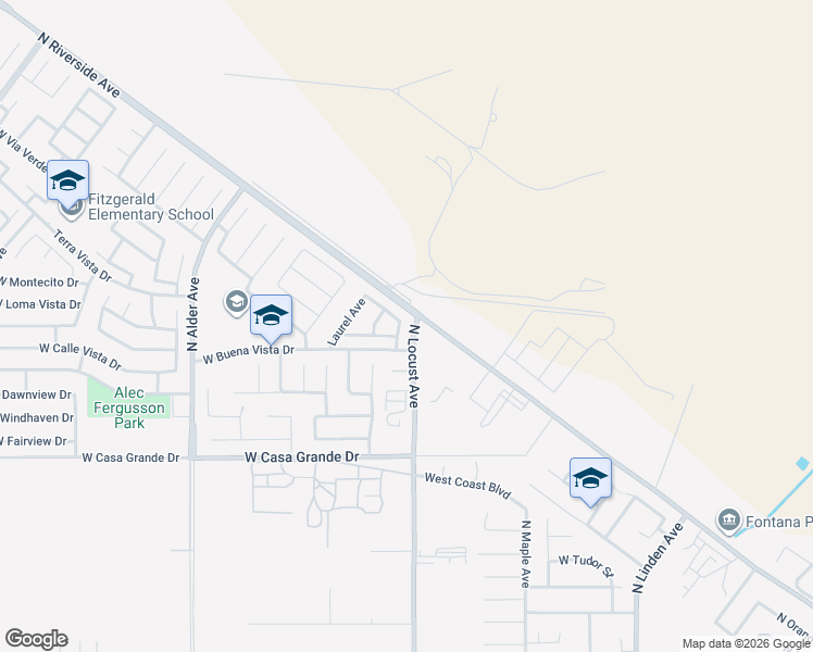 map of restaurants, bars, coffee shops, grocery stores, and more near 3460 North Locust Avenue in Rialto