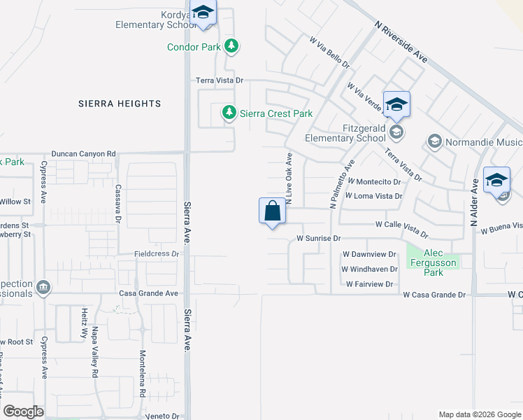 map of restaurants, bars, coffee shops, grocery stores, and more near 3444 North Flame Tree Avenue in Rialto