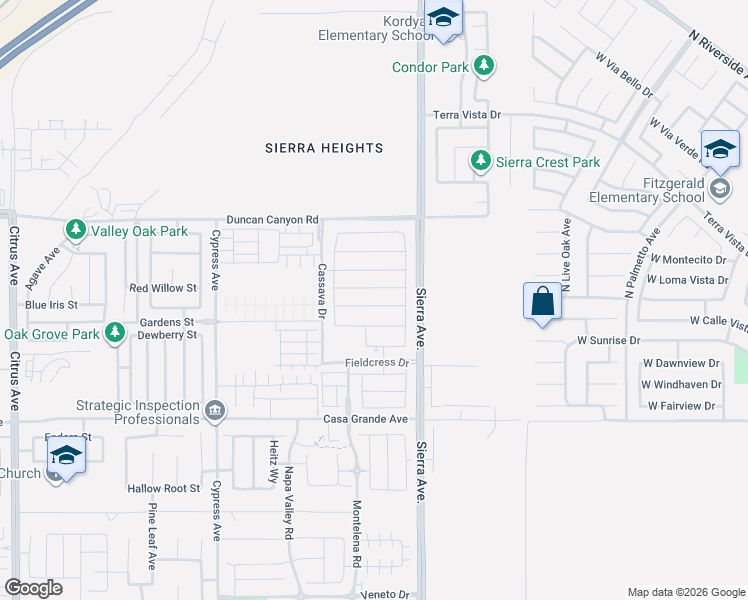 map of restaurants, bars, coffee shops, grocery stores, and more near 4936 Sierra Avenue in Fontana