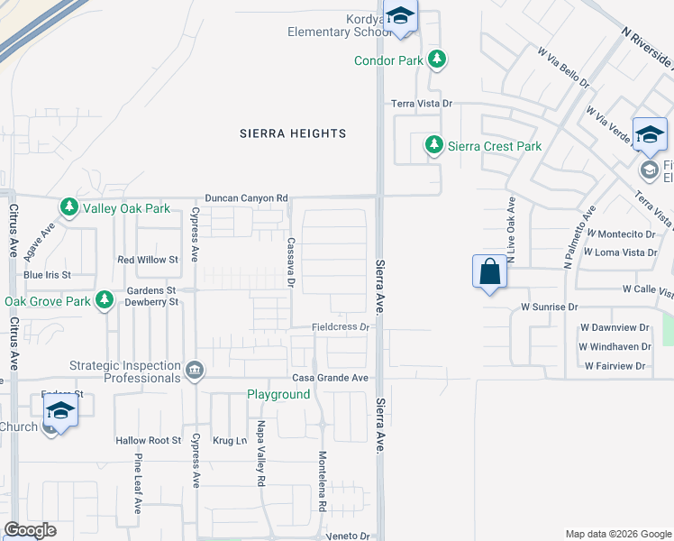 map of restaurants, bars, coffee shops, grocery stores, and more near 4936 Sierra Avenue in Fontana
