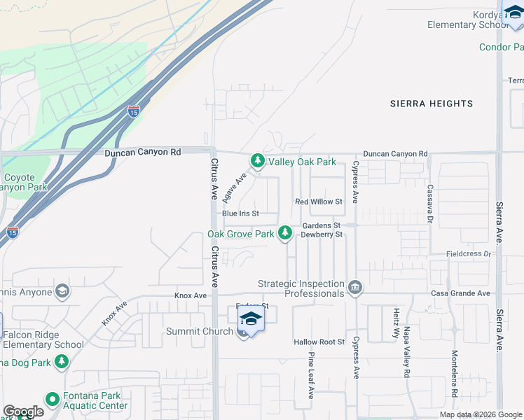 map of restaurants, bars, coffee shops, grocery stores, and more near 5037 Flora Court in Fontana