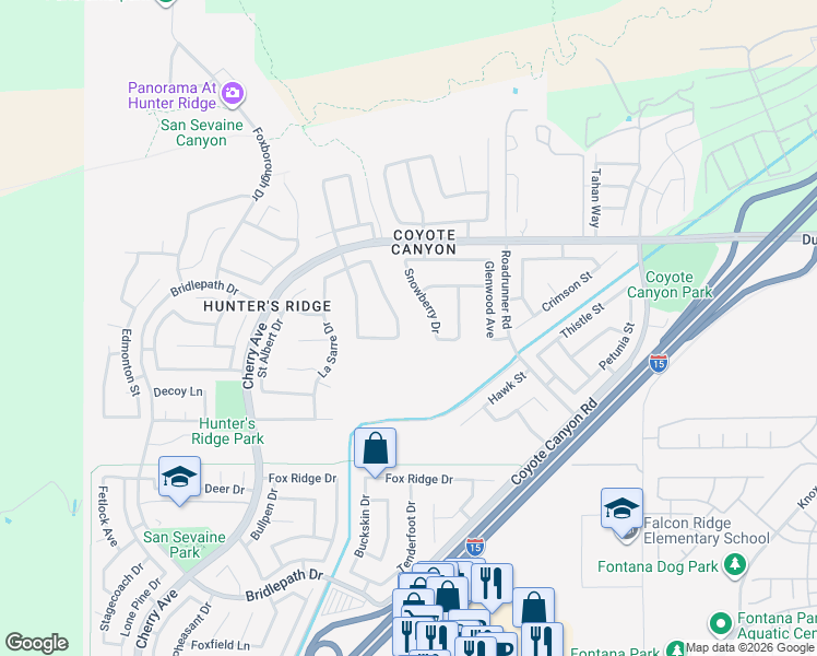 map of restaurants, bars, coffee shops, grocery stores, and more near 5036 Snowberry Drive in Fontana
