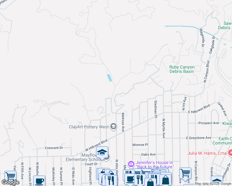 map of restaurants, bars, coffee shops, grocery stores, and more near 539 Cloverleaf Drive in Monrovia