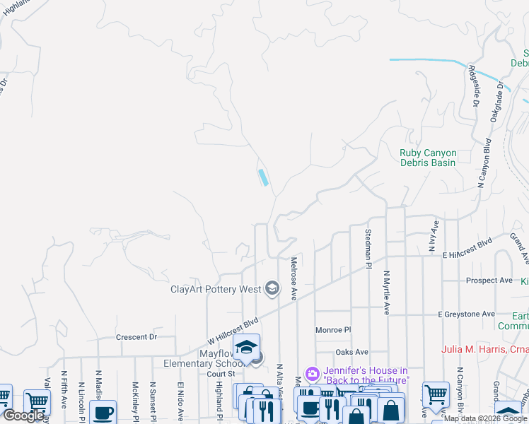 map of restaurants, bars, coffee shops, grocery stores, and more near 539 Cloverleaf Drive in Monrovia