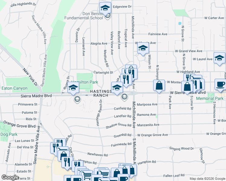 map of restaurants, bars, coffee shops, grocery stores, and more near 940 Medford Road in Pasadena