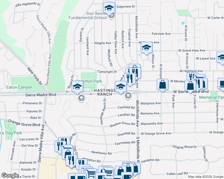 map of restaurants, bars, coffee shops, grocery stores, and more near 940 Medford Road in Pasadena
