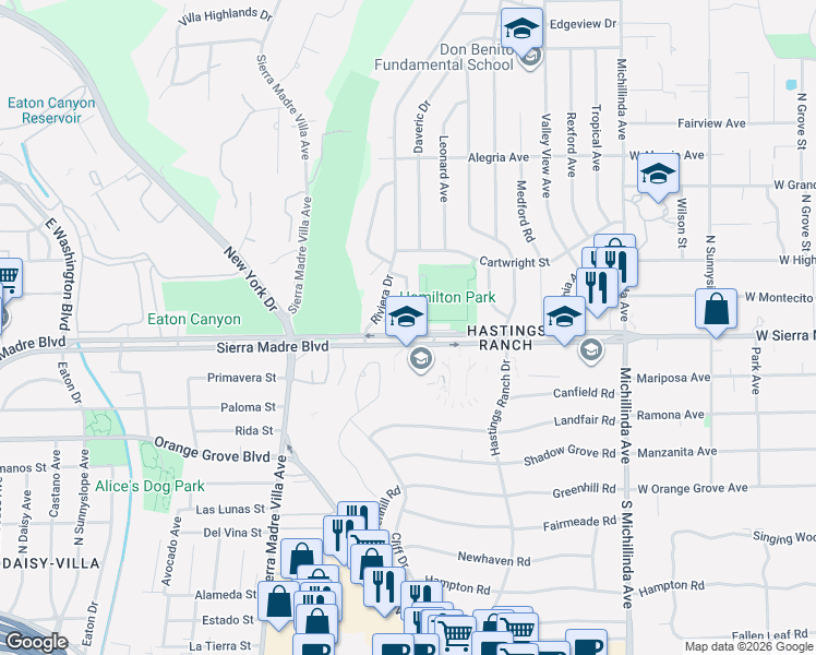 map of restaurants, bars, coffee shops, grocery stores, and more near 929 Crestview Drive in Pasadena