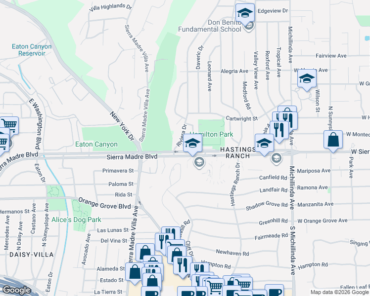 map of restaurants, bars, coffee shops, grocery stores, and more near 929 Crestview Drive in Pasadena